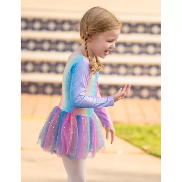 Zaclotre Kid Girls Long Sleeve Leotards Ballet Dance Sparkly Tutu Dress Ballerina OutfitsRainbow Mermaid