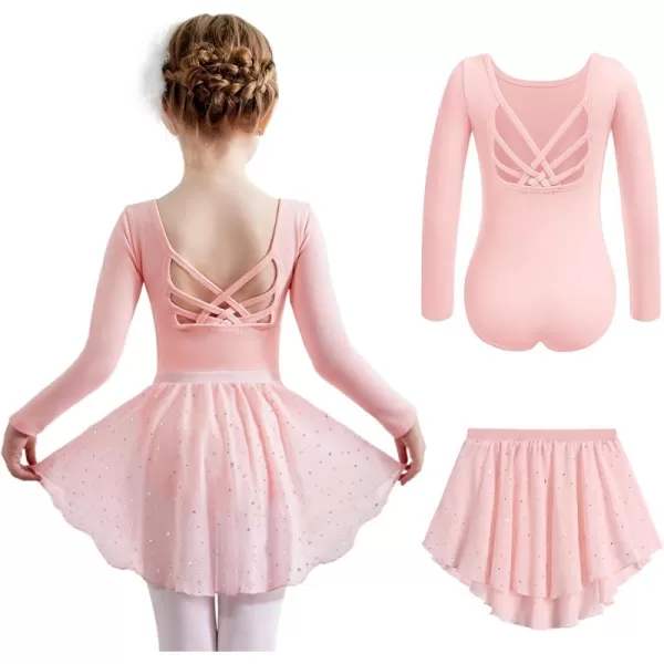 Zaclotre Ballet Leotards for Girls Long Sleeve Crisscross Back Dance Outfit with Removable Shiny Skirt Leotard ComboBallet Pink