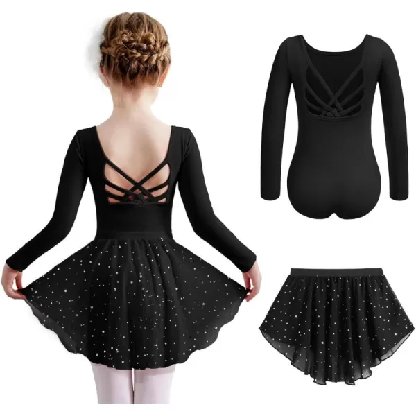 Zaclotre Ballet Leotards for Girls Long Sleeve Crisscross Back Dance Outfit with Removable Shiny Skirt Leotard ComboBlack