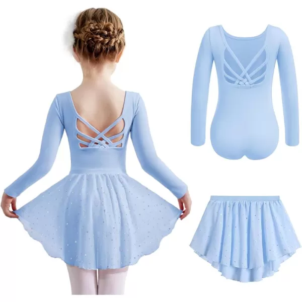 Zaclotre Ballet Leotards for Girls Long Sleeve Crisscross Back Dance Outfit with Removable Shiny Skirt Leotard ComboBlue