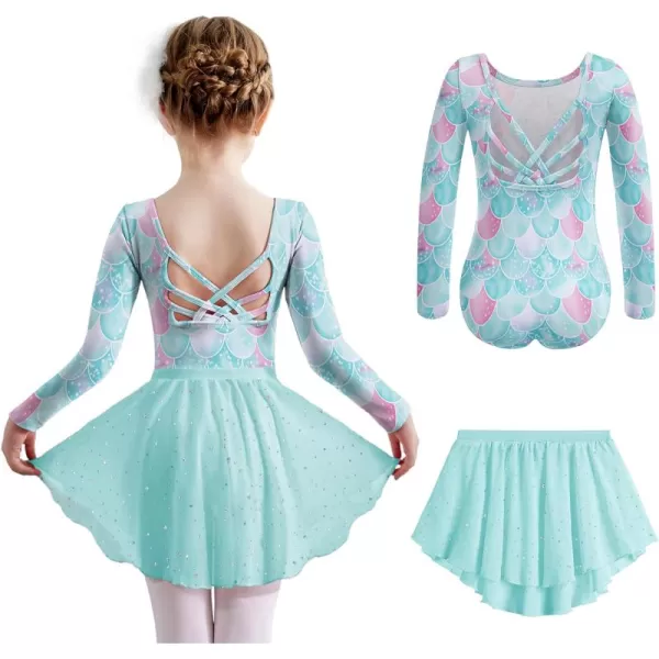 Zaclotre Ballet Leotards for Girls Long Sleeve Crisscross Back Dance Outfit with Removable Shiny Skirt Leotard ComboBlue Mermaid
