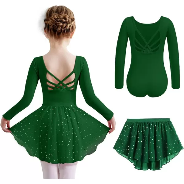 Zaclotre Ballet Leotards for Girls Long Sleeve Crisscross Back Dance Outfit with Removable Shiny Skirt Leotard ComboDark Green