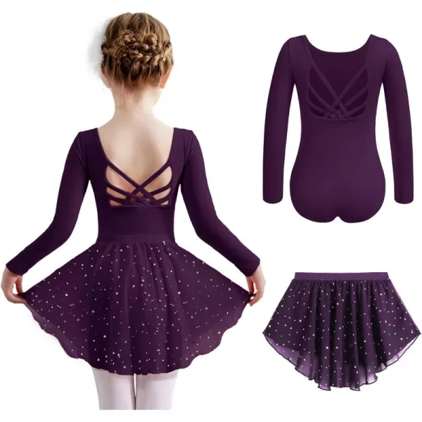 Zaclotre Ballet Leotards for Girls Long Sleeve Crisscross Back Dance Outfit with Removable Shiny Skirt Leotard ComboDark Purple