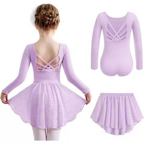 Zaclotre Ballet Leotards for Girls Long Sleeve Crisscross Back Dance Outfit with Removable Shiny Skirt Leotard ComboLilac
