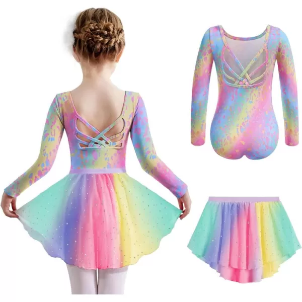 Zaclotre Ballet Leotards for Girls Long Sleeve Crisscross Back Dance Outfit with Removable Shiny Skirt Leotard ComboRainbow Leopard