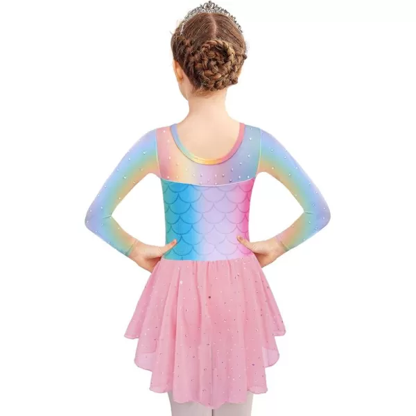 Zaclotre Girls Ballet Leotard Long Sleeve Ballerina Outfits Clothes Shiny Hi Low Skirt Dance Dress for 311 YearsRainbow Mermaid