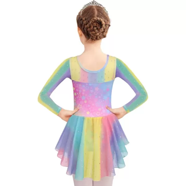 Zaclotre Girls Ballet Leotard Long Sleeve Ballerina Outfits Clothes Shiny Hi Low Skirt Dance Dress for 311 YearsRainbow Print