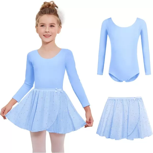 Zaclotre Girls Ballet Leotards 2Pcs Long Sleeve Shiny Squins Dance Dresses Toddler Ballerina Outfit for 311YBlue