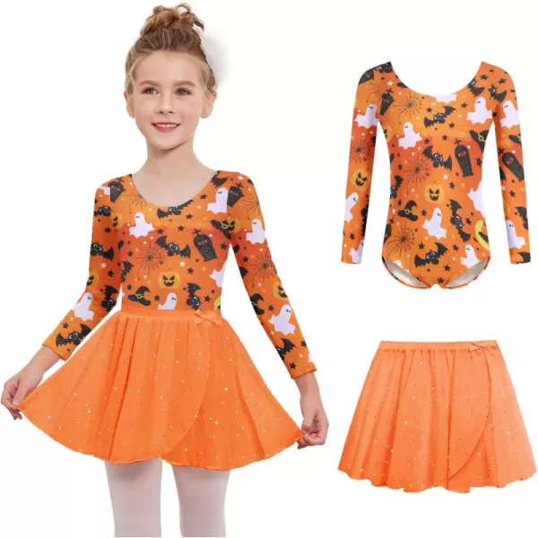 Zaclotre Girls Ballet Leotards 2Pcs Long Sleeve Shiny Squins Dance Dresses Toddler Ballerina Outfit for 311YHalloween Orange