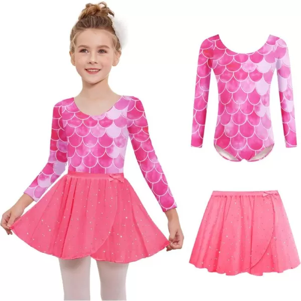 Zaclotre Girls Ballet Leotards 2Pcs Long Sleeve Shiny Squins Dance Dresses Toddler Ballerina Outfit for 311YHot Pink Mermaid