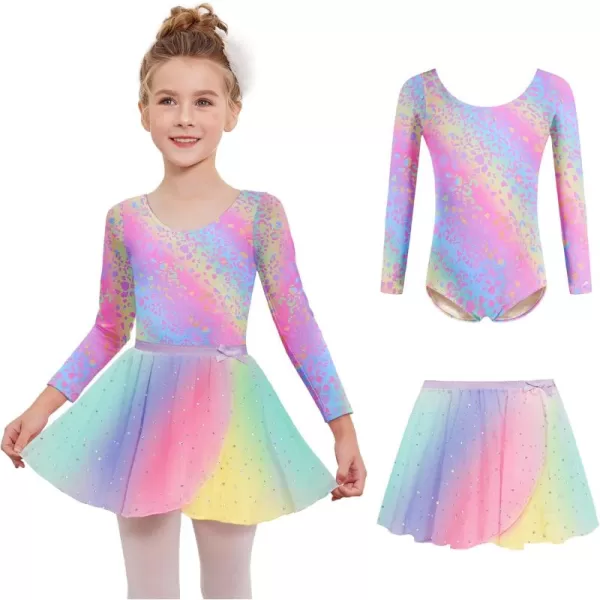 Zaclotre Girls Ballet Leotards 2Pcs Long Sleeve Shiny Squins Dance Dresses Toddler Ballerina Outfit for 311YRainbow Leopard