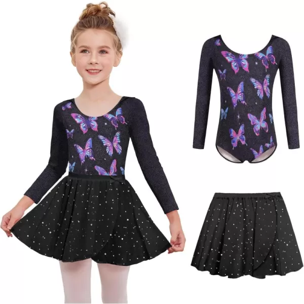Zaclotre Girls Ballet Leotards 2Pcs Long Sleeve Shiny Squins Dance Dresses Toddler Ballerina Outfit for 311YShiny Butterfly
