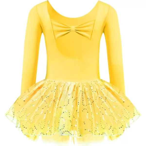 Zaclotre Girls Ballet Long Sleeve Skirted Leotards with Tutus Skirt Dance Dress Ballerina OutfitsYellowBow Back