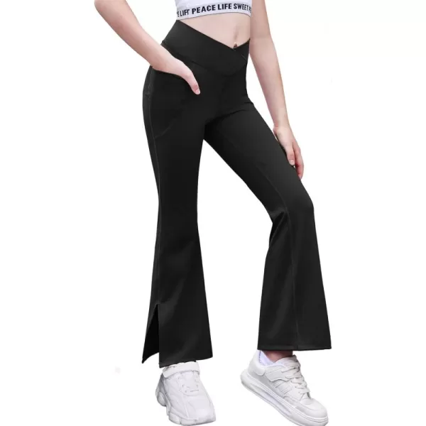 Zaclotre Girls Flare Leggings with Split Hem Cross High Waist Yoga Bootcut Athletic Kid Bell Bottom Pants with PocketsBlack
