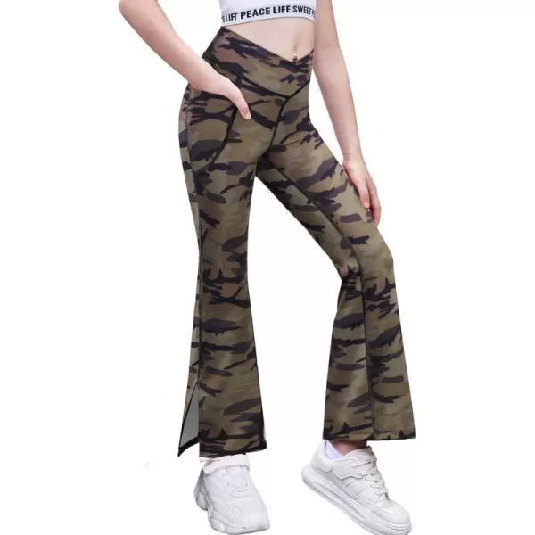 Zaclotre Girls Flare Leggings with Split Hem Cross High Waist Yoga Bootcut Athletic Kid Bell Bottom Pants with PocketsCamouflage