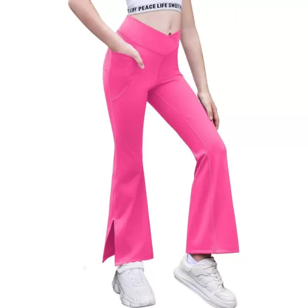 Zaclotre Girls Flare Leggings with Split Hem Cross High Waist Yoga Bootcut Athletic Kid Bell Bottom Pants with PocketsHot Pink