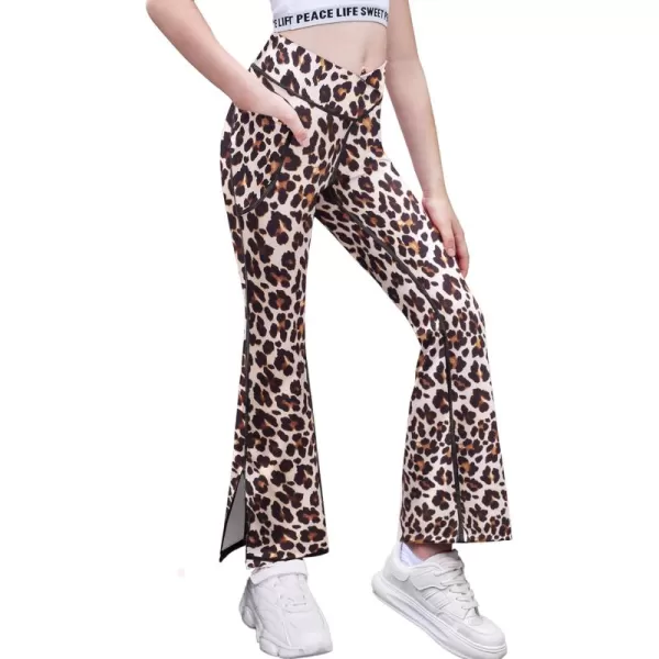 Zaclotre Girls Flare Leggings with Split Hem Cross High Waist Yoga Bootcut Athletic Kid Bell Bottom Pants with PocketsLeopard Printed