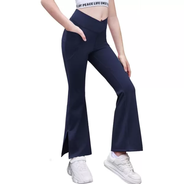 Zaclotre Girls Flare Leggings with Split Hem Cross High Waist Yoga Bootcut Athletic Kid Bell Bottom Pants with PocketsNavy Blue