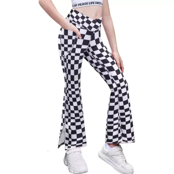 Zaclotre Girls Flare Leggings with Split Hem Cross High Waist Yoga Bootcut Athletic Kid Bell Bottom Pants with PocketsPlaid Black and White