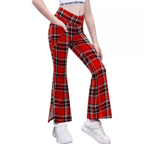 Zaclotre Girls Flare Leggings with Split Hem Cross High Waist Yoga Bootcut Athletic Kid Bell Bottom Pants with PocketsRed Plaid