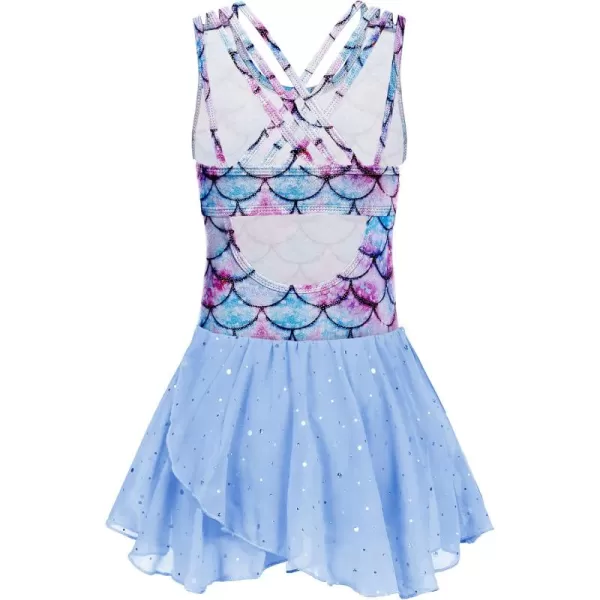 Zaclotre Gymnastics Leotards for Girls Criss Cross Strap Shiny Ballet Dance Dresses Hollow Back Skirted Ballerina CostumeBlue Mermaid
