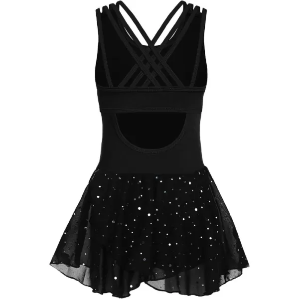 Zaclotre Gymnastics Leotards for Girls Criss Cross Strap Shiny Ballet Dance Dresses Hollow Back Skirted Ballerina CostumeShiny Black