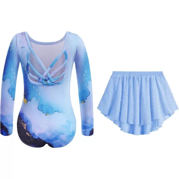 Zaclotre Gymnastics Leotards for Girls Long Sleeve Crisscross Back Ballet Dance Outfit with Removable Skirt ComboBlue Marble