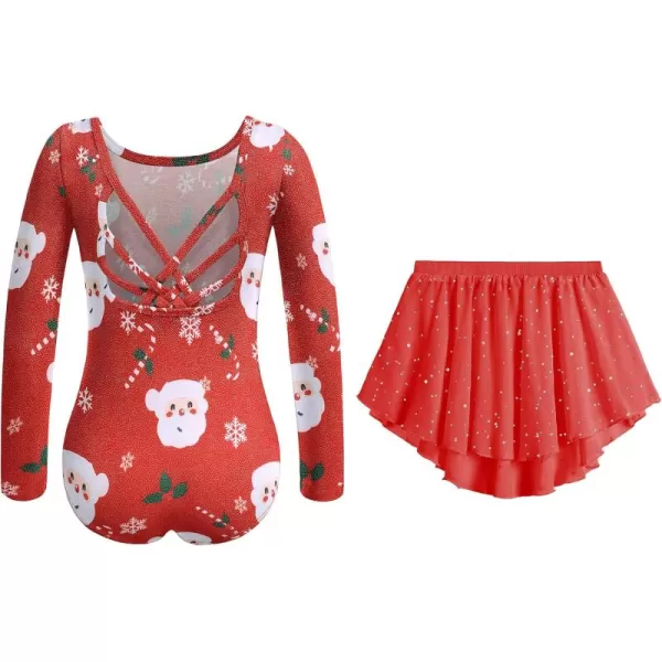 Zaclotre Gymnastics Leotards for Girls Long Sleeve Crisscross Back Ballet Dance Outfit with Removable Skirt ComboChristmas Red