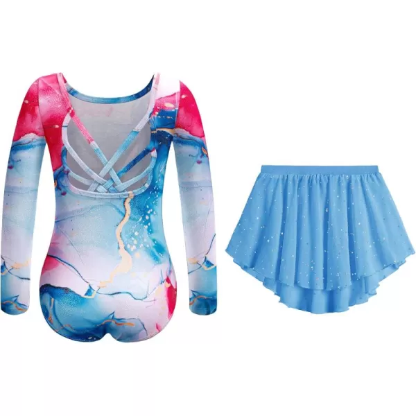 Zaclotre Gymnastics Leotards for Girls Long Sleeve Crisscross Back Ballet Dance Outfit with Removable Skirt ComboPink Marble