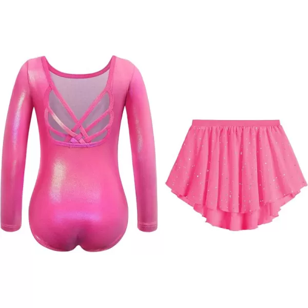 Zaclotre Gymnastics Leotards for Girls Long Sleeve Crisscross Back Ballet Dance Outfit with Removable Skirt ComboShiny Pink