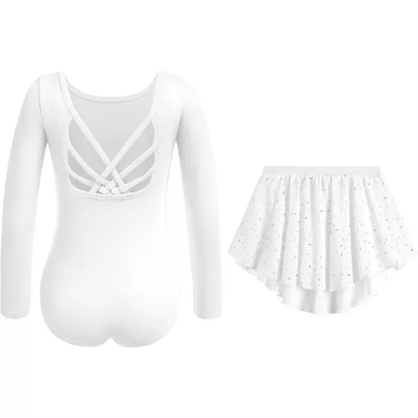 Zaclotre Gymnastics Leotards for Girls Long Sleeve Crisscross Back Ballet Dance Outfit with Removable Skirt ComboWhite