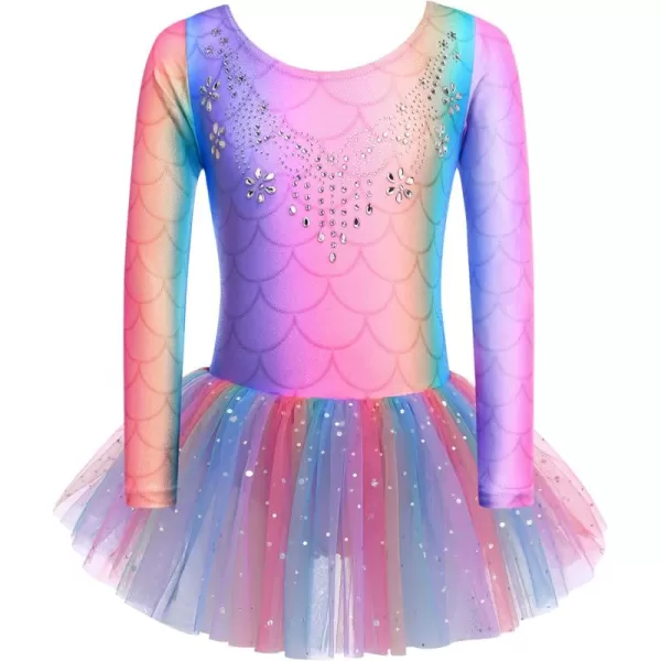 Zaclotre Kid Girls Long Sleeve Leotards Ballet Dance Sparkly Tutu Dress Ballerina OutfitsRainbow Mermaid