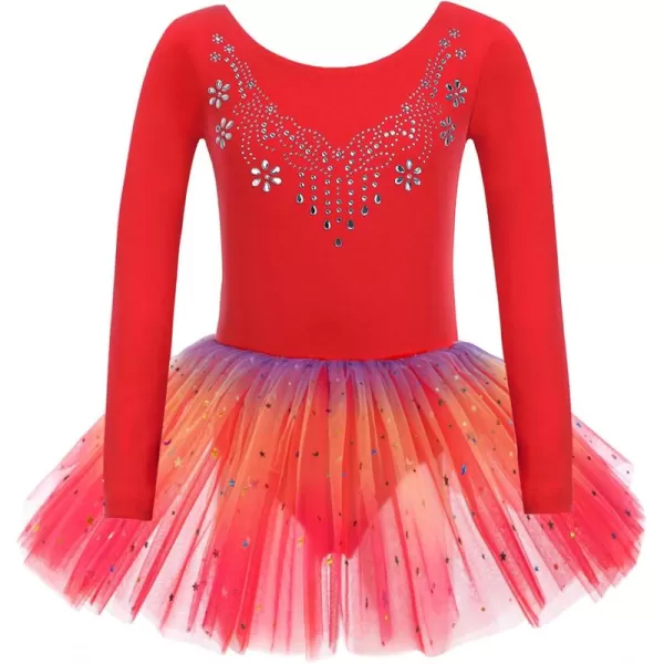 Zaclotre Kid Girls Long Sleeve Leotards Ballet Dance Sparkly Tutu Dress Ballerina OutfitsRed Rainbow