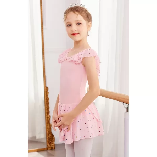 Zaclotre Girls Ballet Leotard with Skirt Kids Colorful Ruffle Sleeves Dance Dress Ballerina OutfitPink