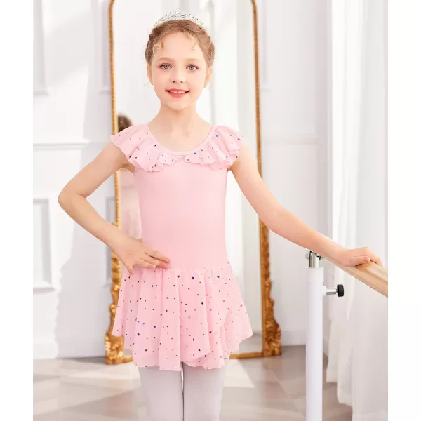 Zaclotre Girls Ballet Leotard with Skirt Kids Colorful Ruffle Sleeves Dance Dress Ballerina OutfitPink