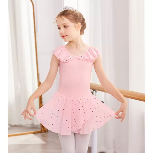 Zaclotre Girls Ballet Leotard with Skirt Kids Colorful Ruffle Sleeves Dance Dress Ballerina OutfitPink