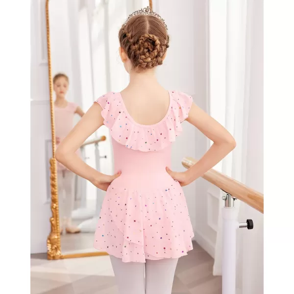 Zaclotre Girls Ballet Leotard with Skirt Kids Colorful Ruffle Sleeves Dance Dress Ballerina OutfitPink