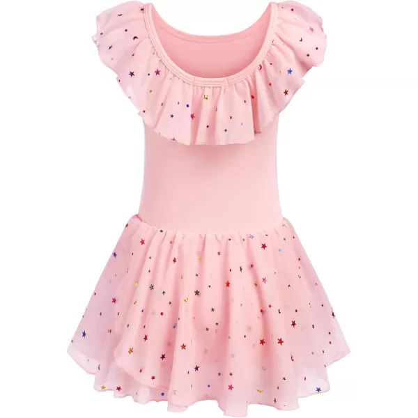 Zaclotre Girls Ballet Leotard with Skirt Kids Colorful Ruffle Sleeves Dance Dress Ballerina OutfitPink