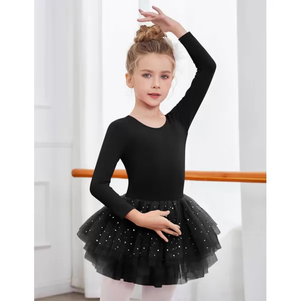 Zaclotre Girls Ballet Leotards 4Layers Tiered Long Sleeve Dance Tutu Dresses Party Costumes for BallerinaBlack