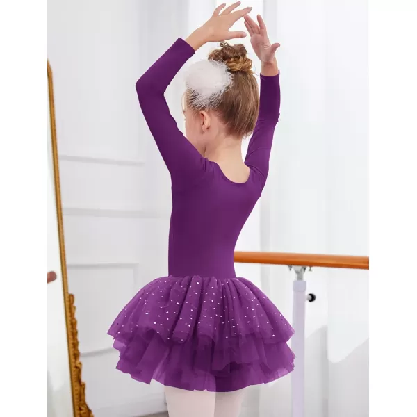 Zaclotre Girls Ballet Leotards 4Layers Tiered Long Sleeve Dance Tutu Dresses Party Costumes for BallerinaDark Purple