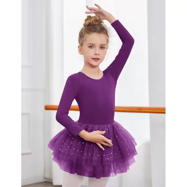 Zaclotre Girls Ballet Leotards 4Layers Tiered Long Sleeve Dance Tutu Dresses Party Costumes for BallerinaDark Purple
