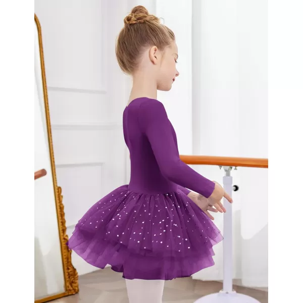 Zaclotre Girls Ballet Leotards 4Layers Tiered Long Sleeve Dance Tutu Dresses Party Costumes for BallerinaDark Purple