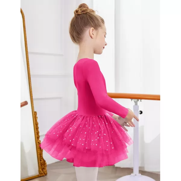 Zaclotre Girls Ballet Leotards 4Layers Tiered Long Sleeve Dance Tutu Dresses Party Costumes for BallerinaHot Pink