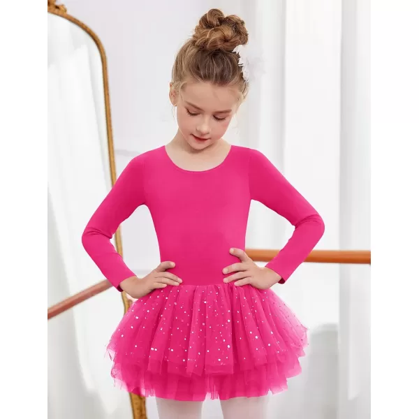 Zaclotre Girls Ballet Leotards 4Layers Tiered Long Sleeve Dance Tutu Dresses Party Costumes for BallerinaHot Pink
