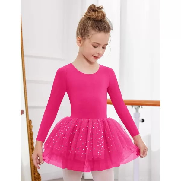 Zaclotre Girls Ballet Leotards 4Layers Tiered Long Sleeve Dance Tutu Dresses Party Costumes for BallerinaHot Pink