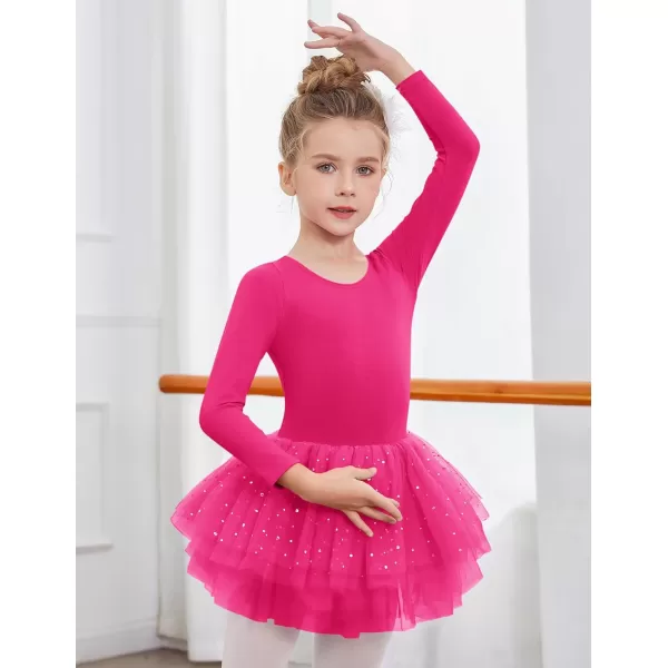 Zaclotre Girls Ballet Leotards 4Layers Tiered Long Sleeve Dance Tutu Dresses Party Costumes for BallerinaHot Pink