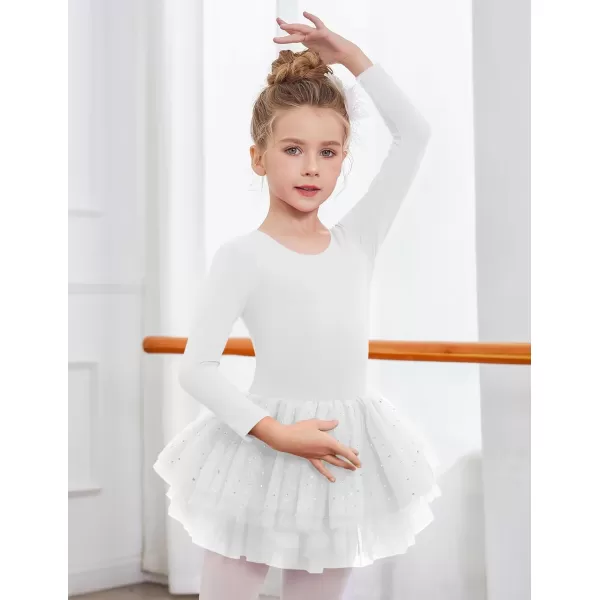 Zaclotre Girls Ballet Leotards 4Layers Tiered Long Sleeve Dance Tutu Dresses Party Costumes for BallerinaWhite