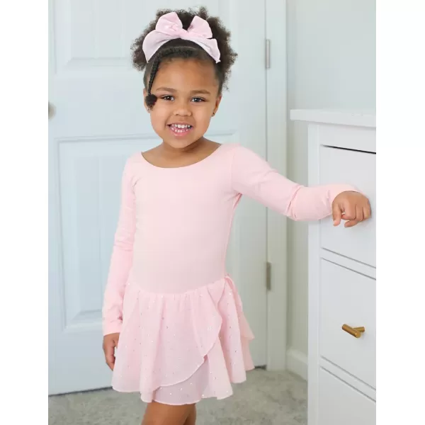 Zaclotre Girls Ballet Leotards Long Sleeve Shiny Skirted Crisscross Back Toddler Leotard Dresses Dance OutfitsBallet Pink