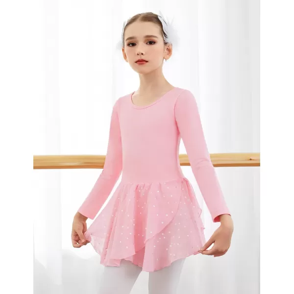 Zaclotre Girls Ballet Leotards Long Sleeve Shiny Skirted Crisscross Back Toddler Leotard Dresses Dance OutfitsBallet Pink