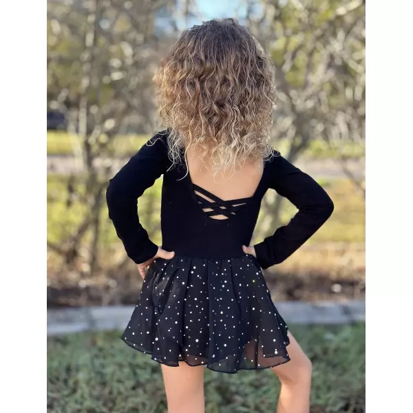 Zaclotre Girls Ballet Leotards Long Sleeve Shiny Skirted Crisscross Back Toddler Leotard Dresses Dance OutfitsBlack